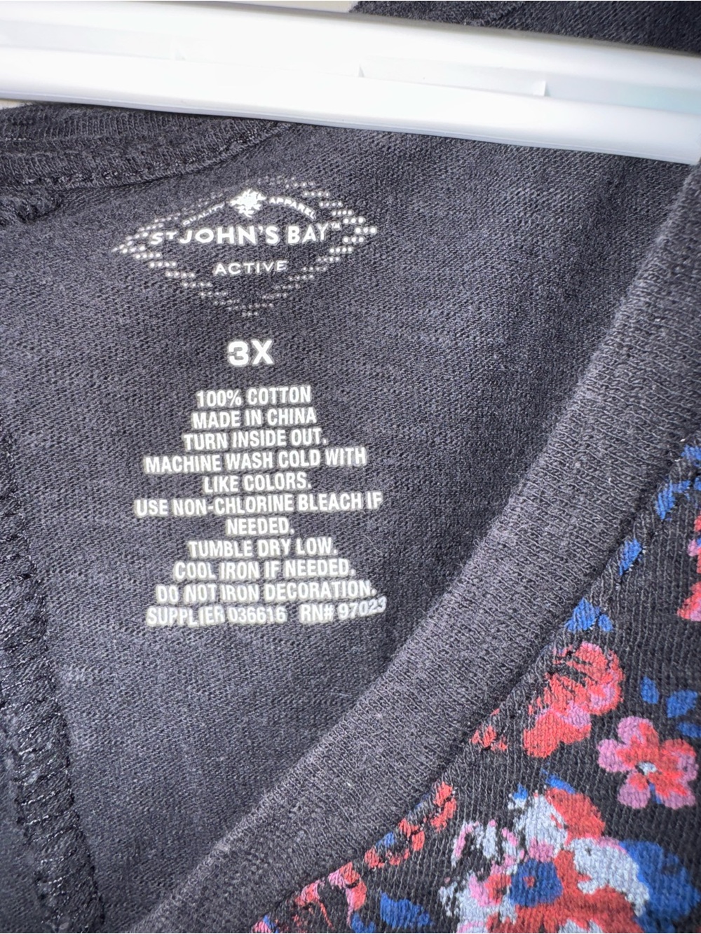 St. John's Bay Black V-Neck Top with Pink & Blue Medallion Print Plus Size 3X - Picture 3 of 5